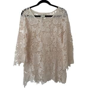 Forgotten Grace L Unlined Beige Lace Top, Cover-up, Scoop Neck 3/4 Bell Sleeves